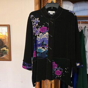 Moonlight Black Floral Embroidered Art Jacket XL Asian Inspired Toggle